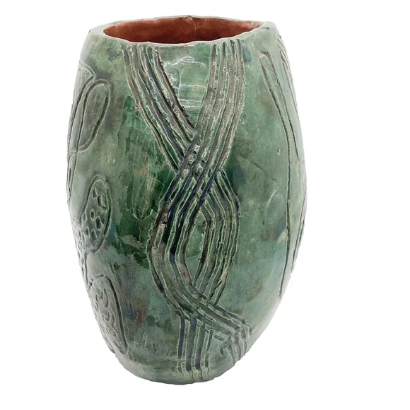Handmade Ceramic Pottery Primitive Vase Dark Green - Picture 4 of 6